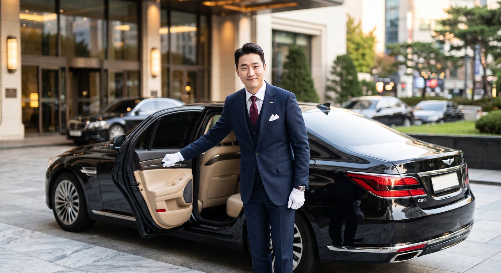 맞춤양복을 착용한 전문 의전기사가 제네시스 G90 뒷문을 열어주는 모습